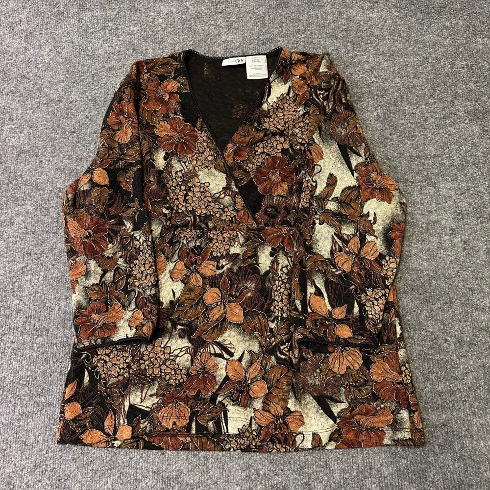 East 5th Blouse Womens Size PL Brown Floral Metallic Faux Wrap V-Neck Top